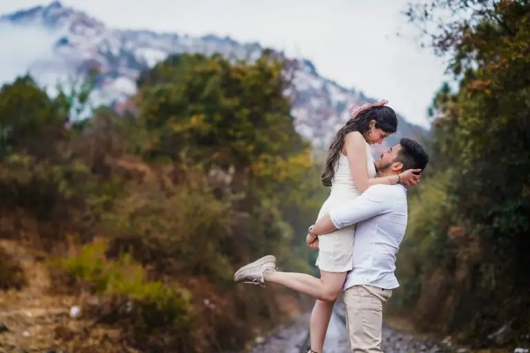 Romantic pre-wedding photoshoot by Click 'N' Capture in Chandigarh, capturing the love and chemistry of the couple in a scenic and artistic setting.